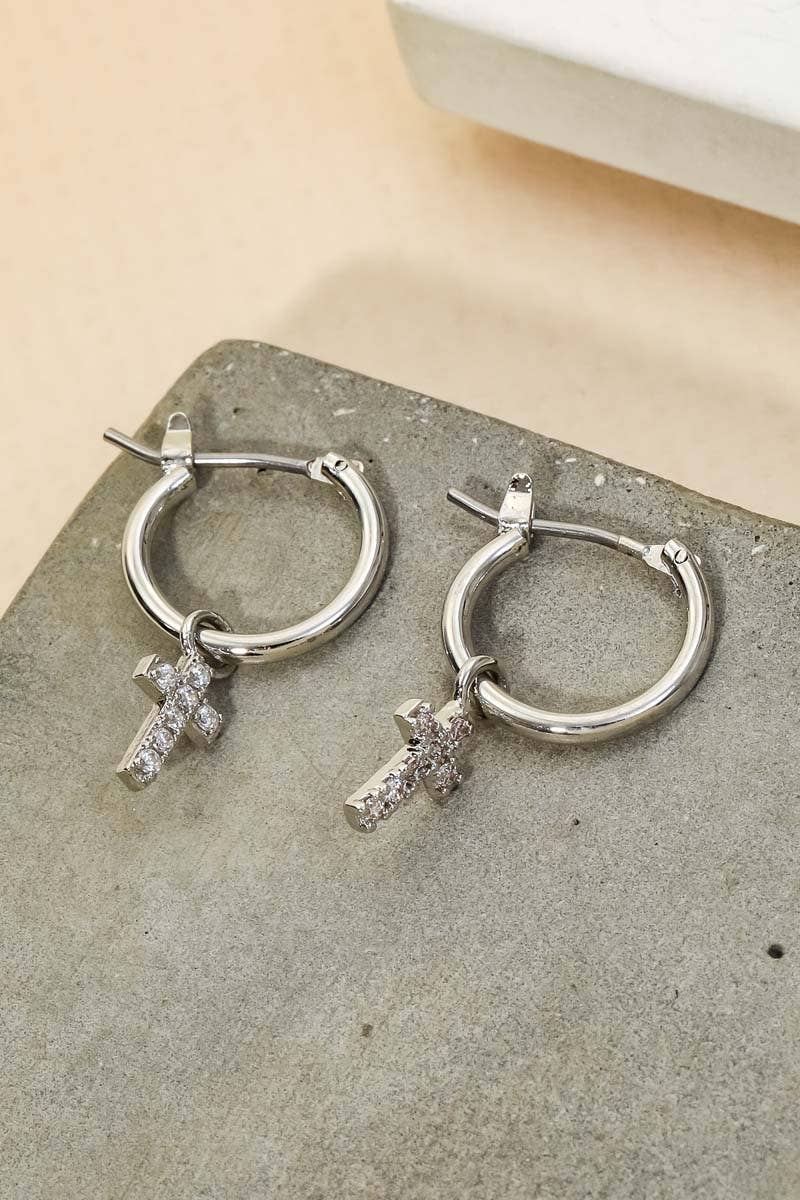 Pave Cross Hoop Huggie Earrings