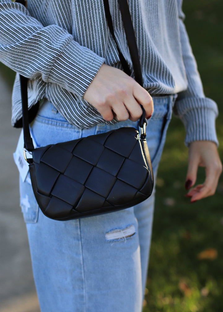 Black Emily Mini Woven Flap Crossbody Bag