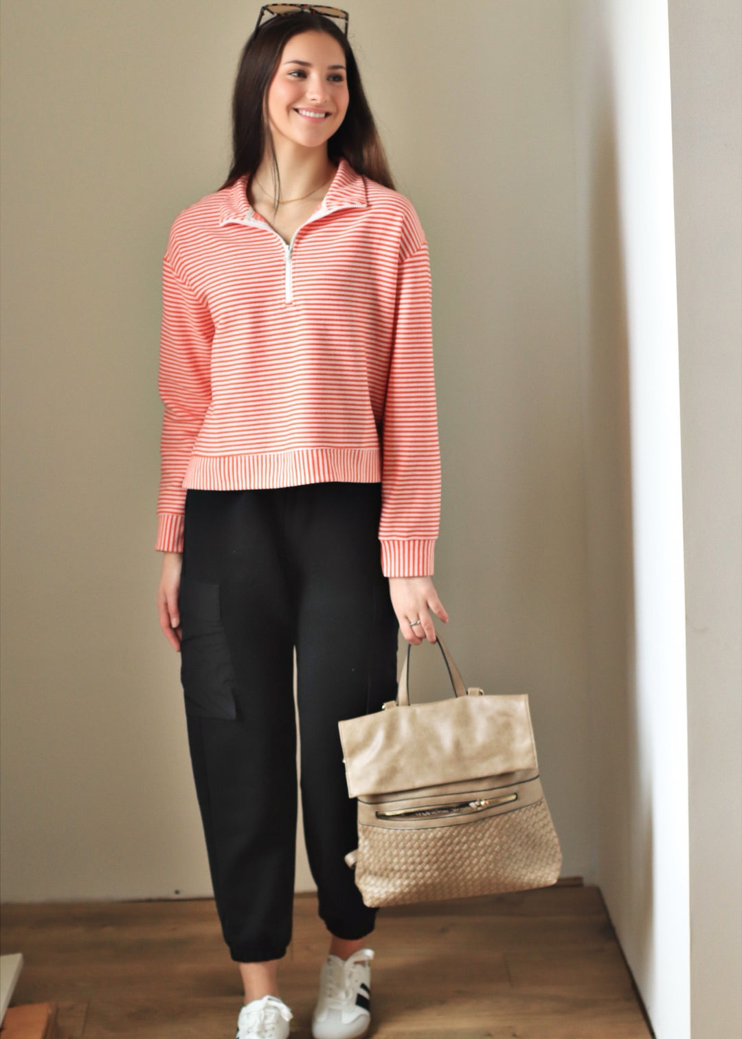 Coral Blush Stripe Half Zip Pullover