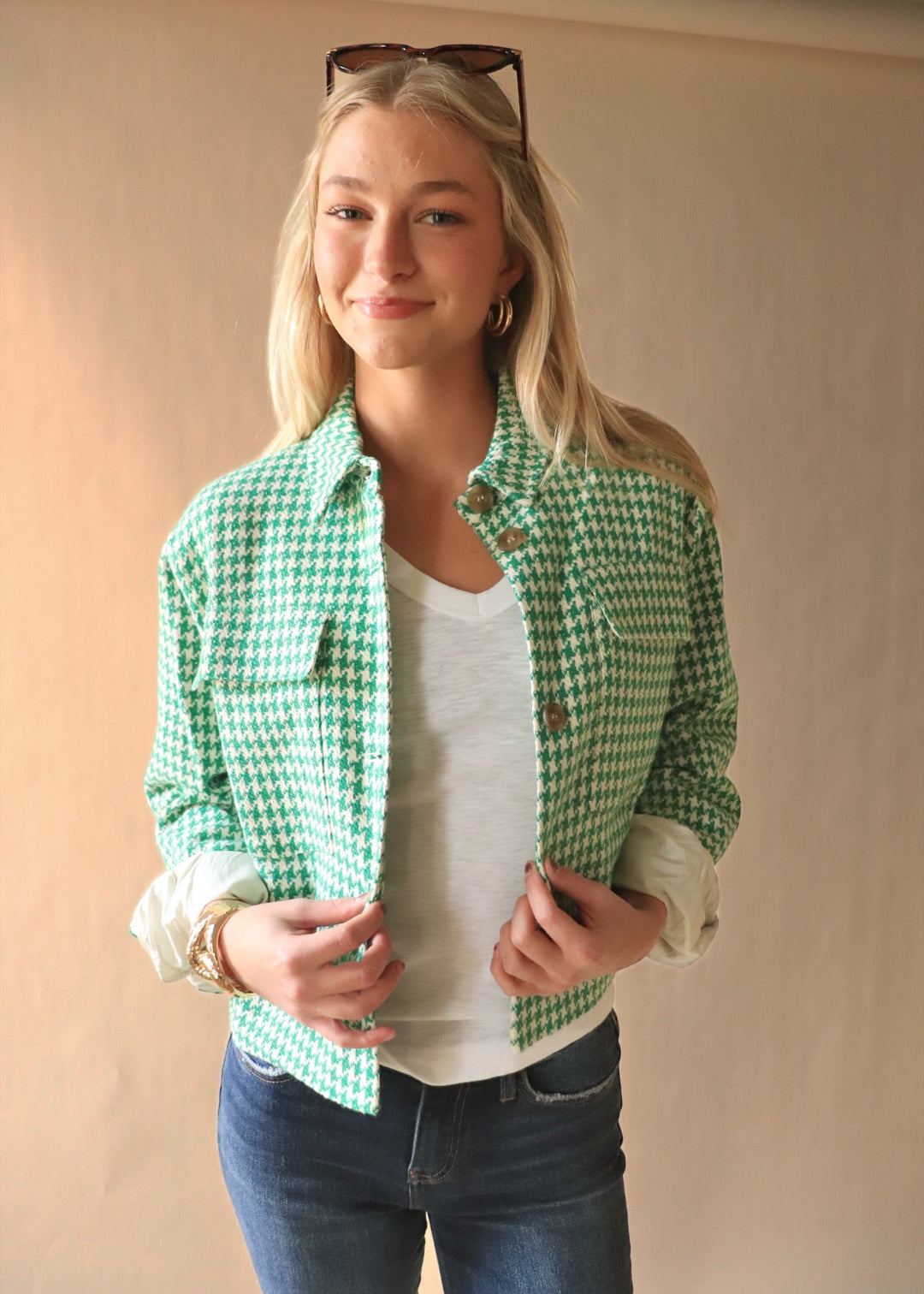 RESTOCKED Houndstooth Tweed Button-Up Jacket