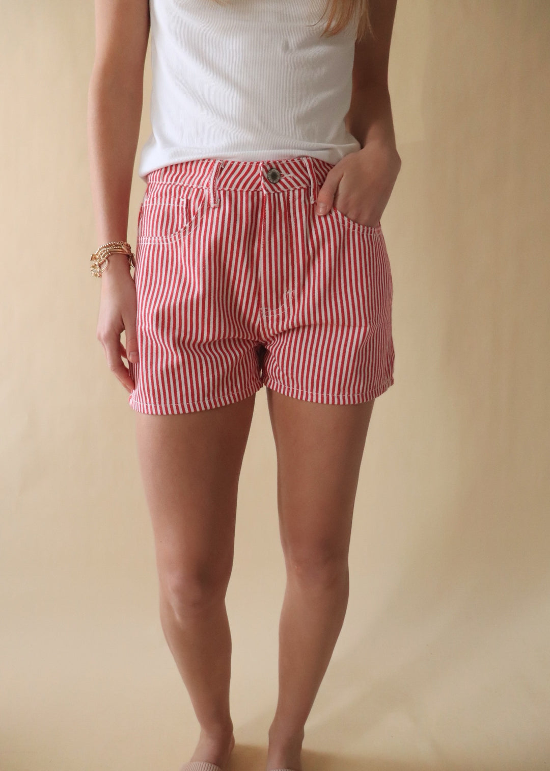 Striped Denim Shorts in Red/White