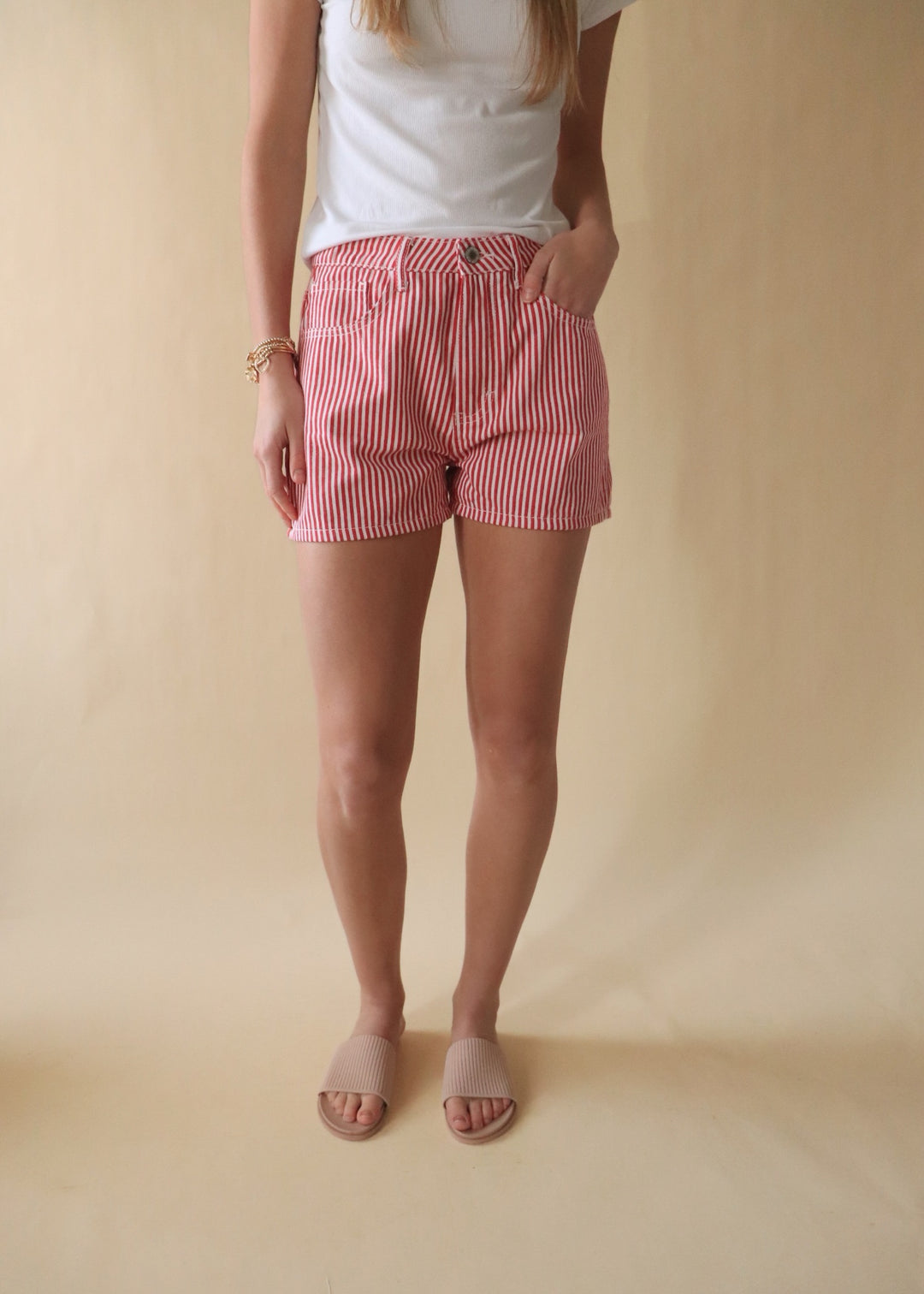 Striped Denim Shorts in Red/White