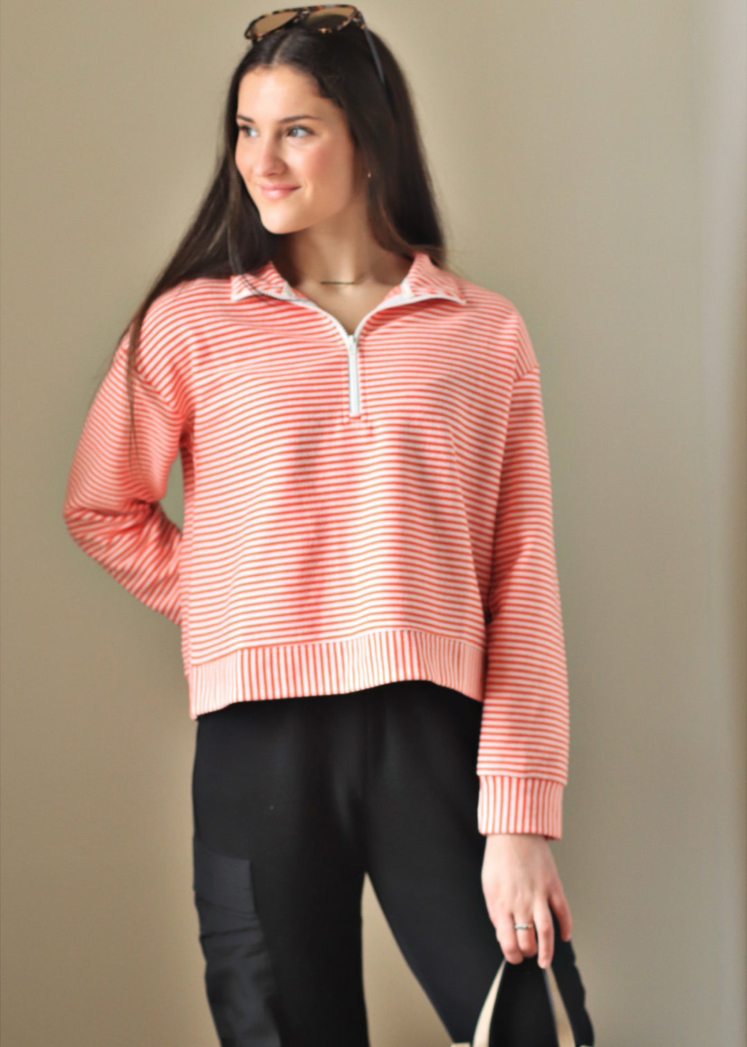 Coral Blush Stripe Half Zip Pullover