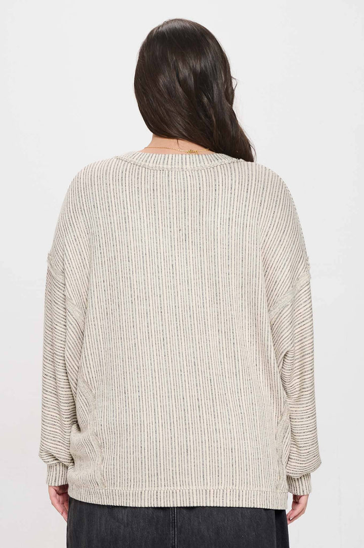 CLEARANCE FINAL SALE Kit Plus Striped Drop Shoulder V Neck Knit Top