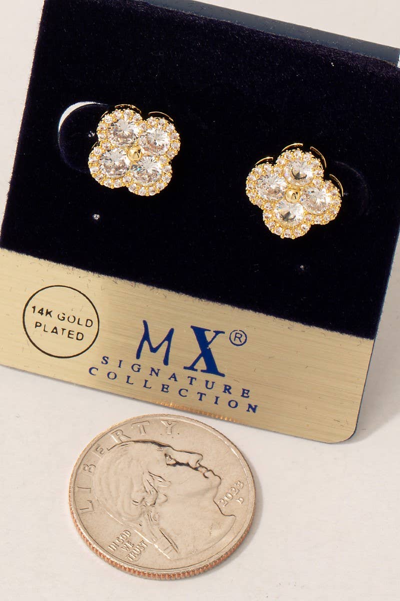 Gold Dipped Cz Halo Clover Stud Earrings