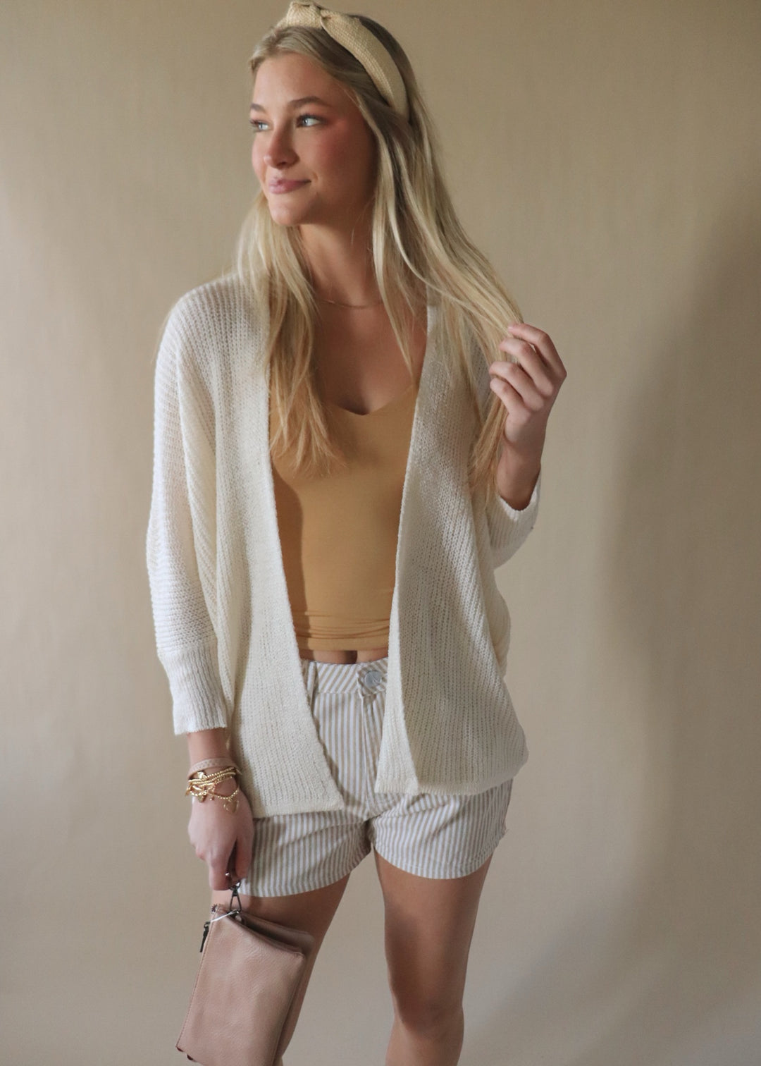 Striped Denim Shorts in Taupe/White