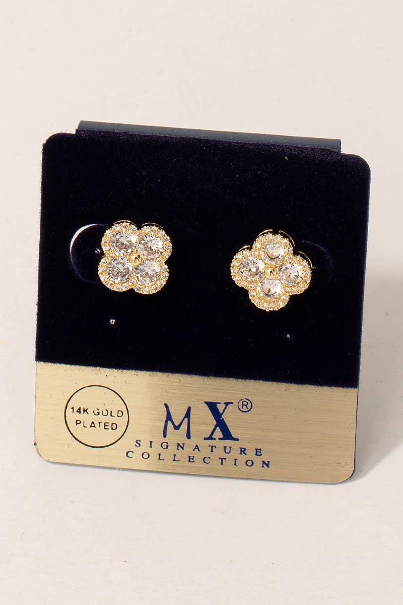 Gold Dipped Cz Halo Clover Stud Earrings