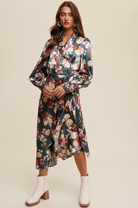 CLEARANCE FINAL SALE Karin Floral Print Long Seeve Satin Wrap Midi Dress