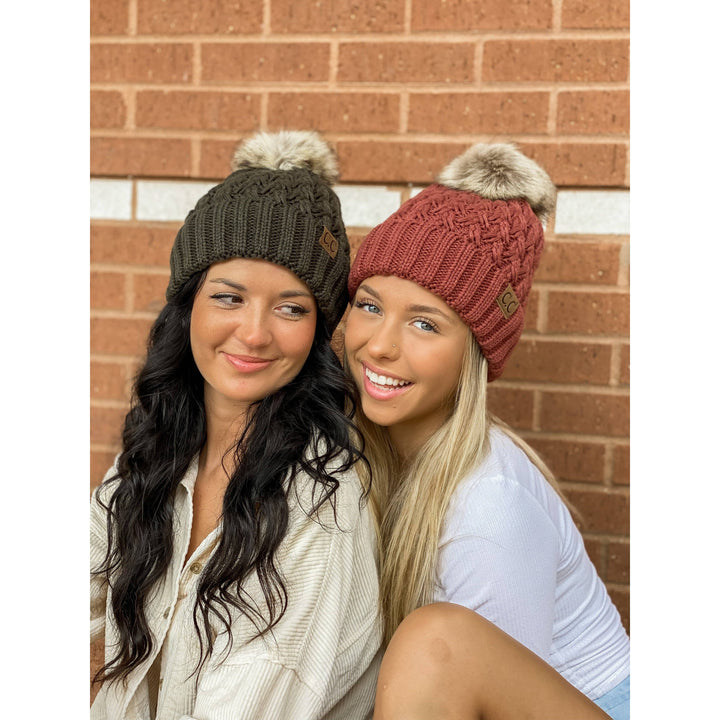 Brick Solid Lattice Stitch Fur Pom CC Beanie