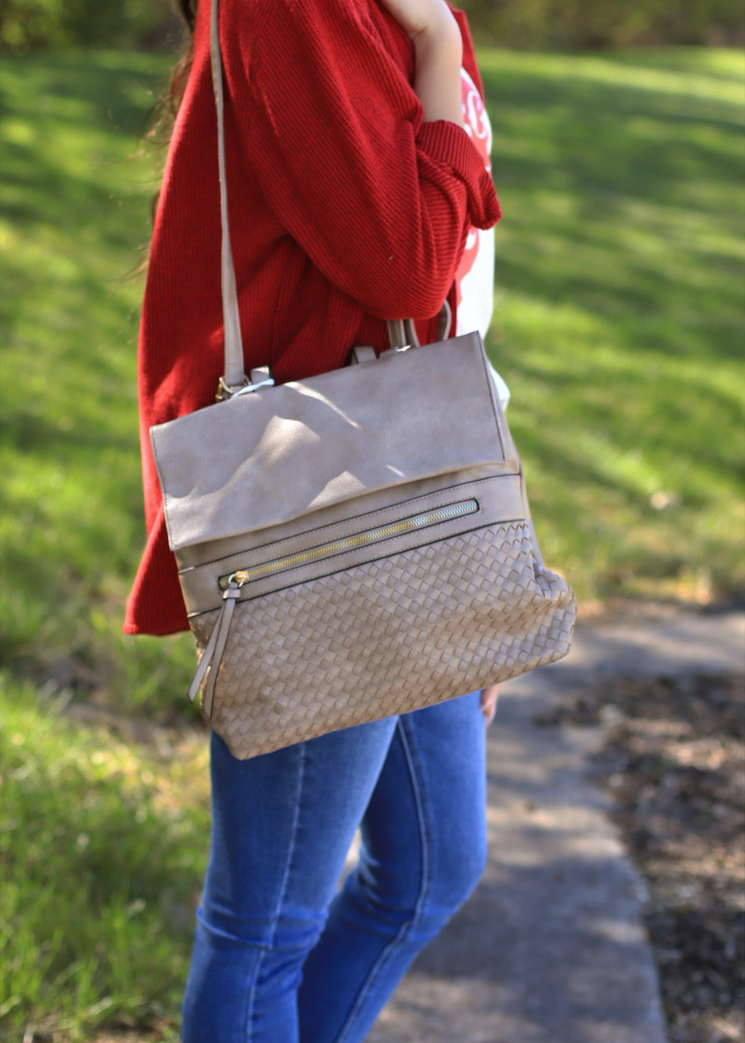 Helena Woven Flap Backpack in Light Stone