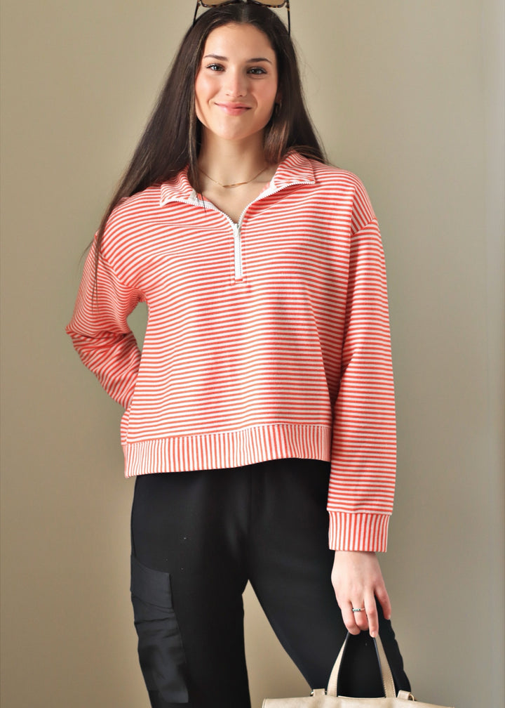 Coral Blush Stripe Half Zip Pullover