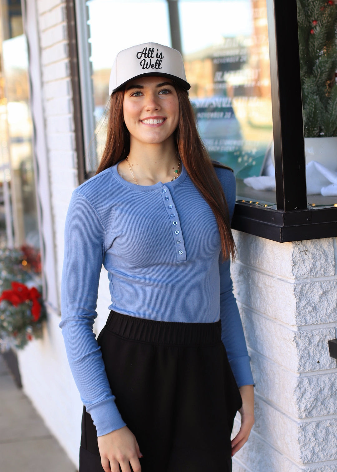 Henley Top - Long Sleeve Thermal Dusty Blue