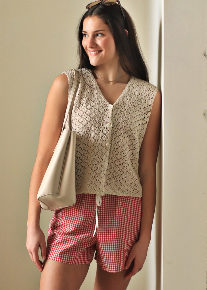 Marian Crochet Button-Up Vest in Shell