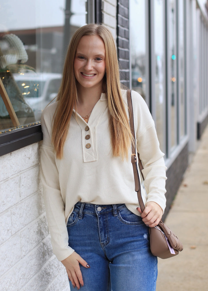 Lumen Half Button V Neck Top in Cream