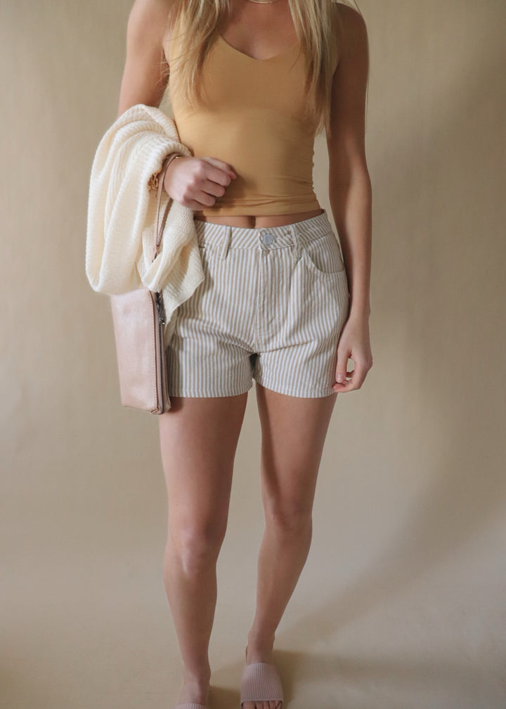 Striped Denim Shorts in Taupe/White