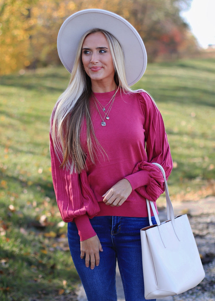 Pleats on the Sleeve Top in Dark Crimson