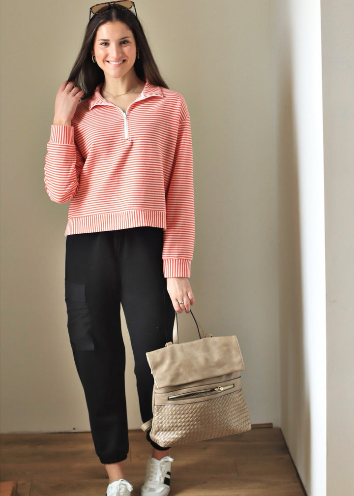 Coral Blush Stripe Half Zip Pullover