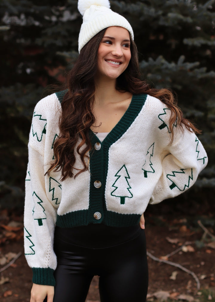 Tree Embroidered Contrast Sweater Cardigan