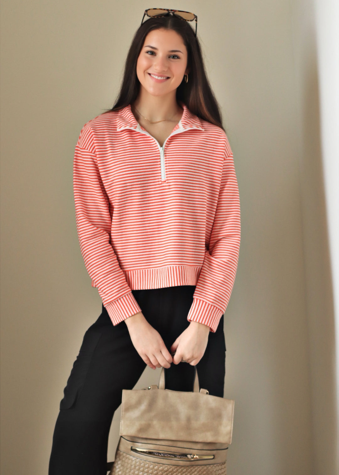 Coral Blush Stripe Half Zip Pullover