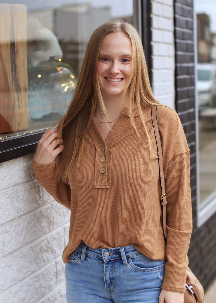 Lumen Half Button V Neck Top in Almond