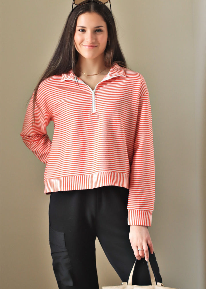 Coral Blush Stripe Half Zip Pullover