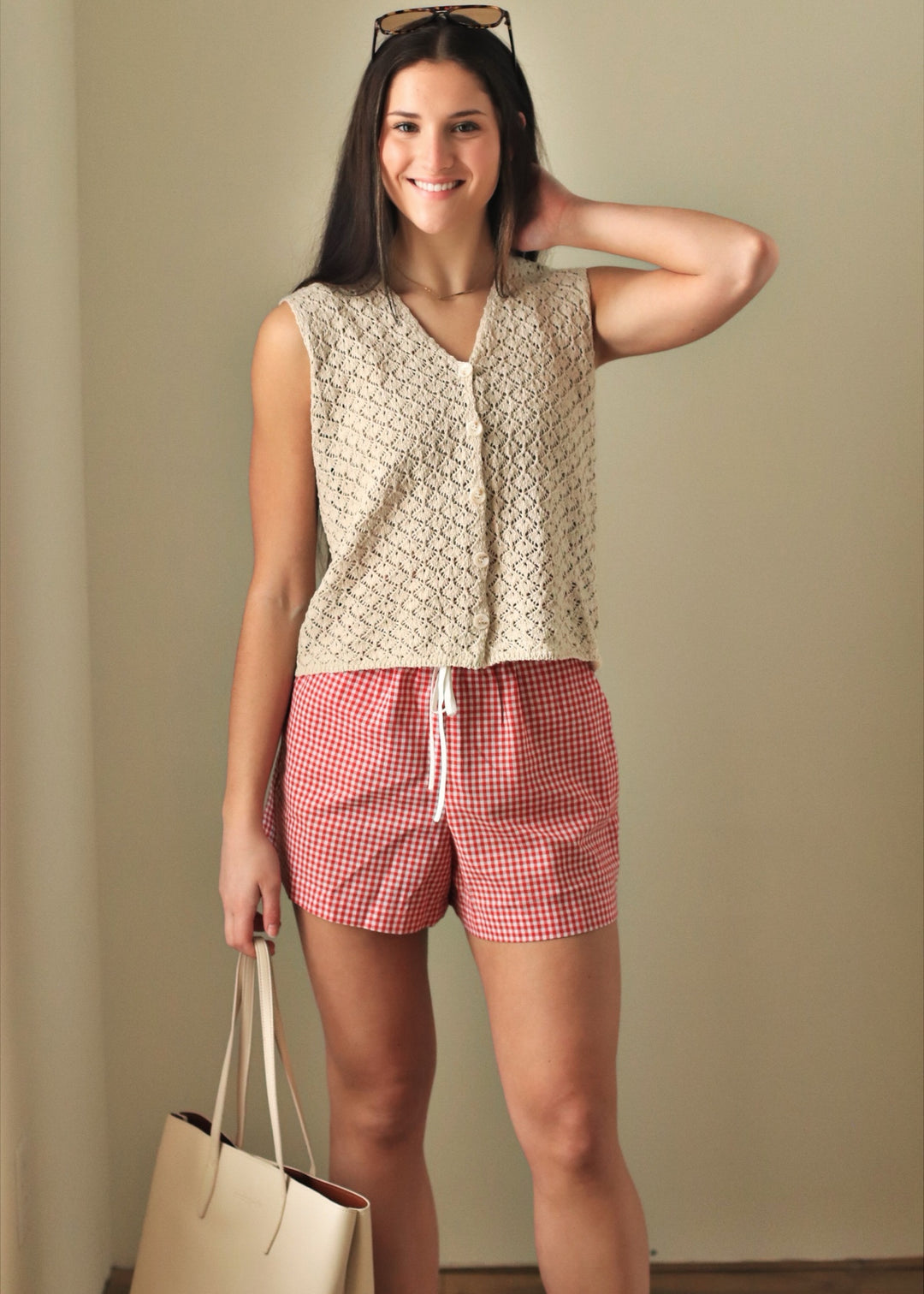 Marian Crochet Button-Up Vest in Shell