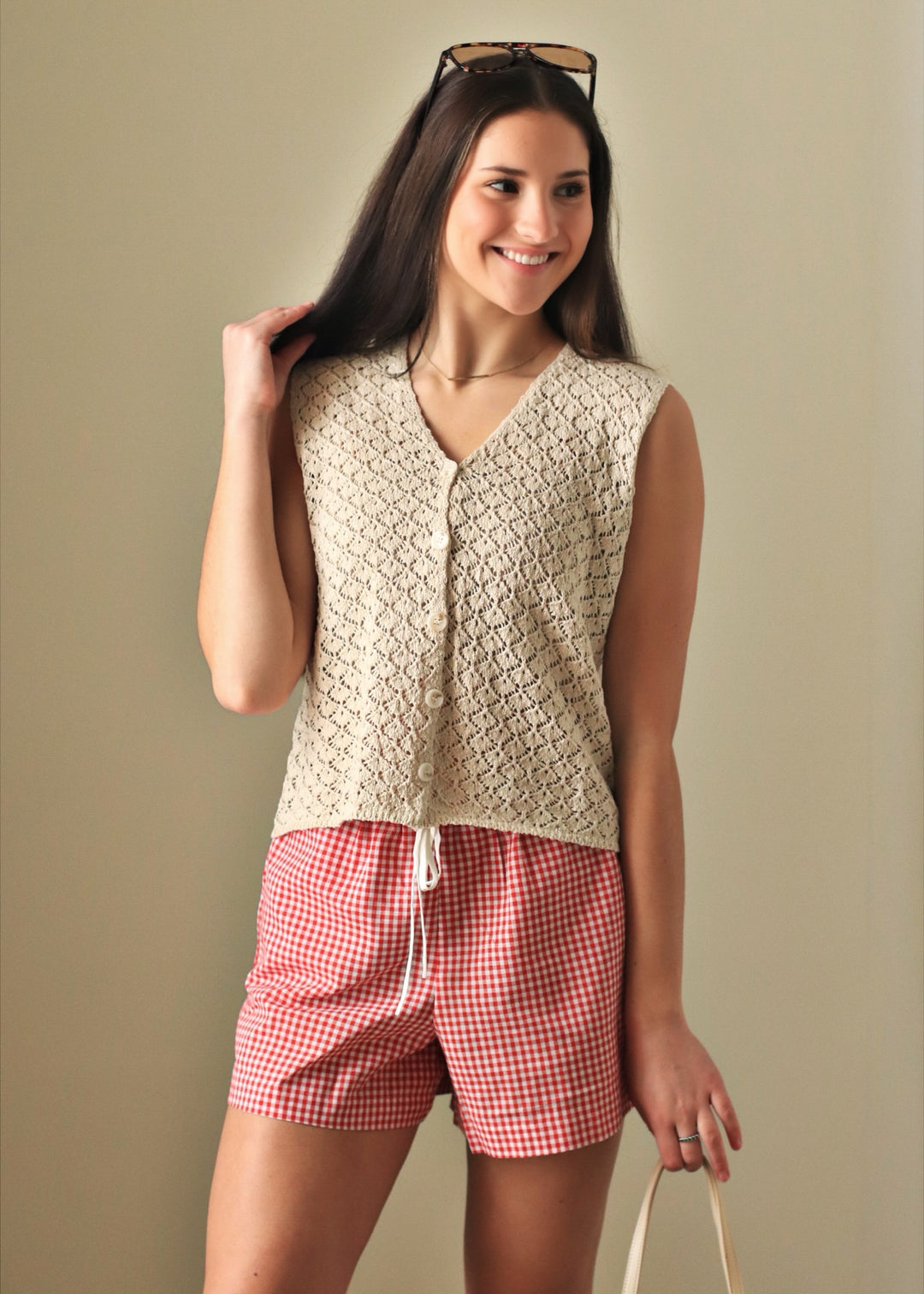 Marian Crochet Button-Up Vest in Shell