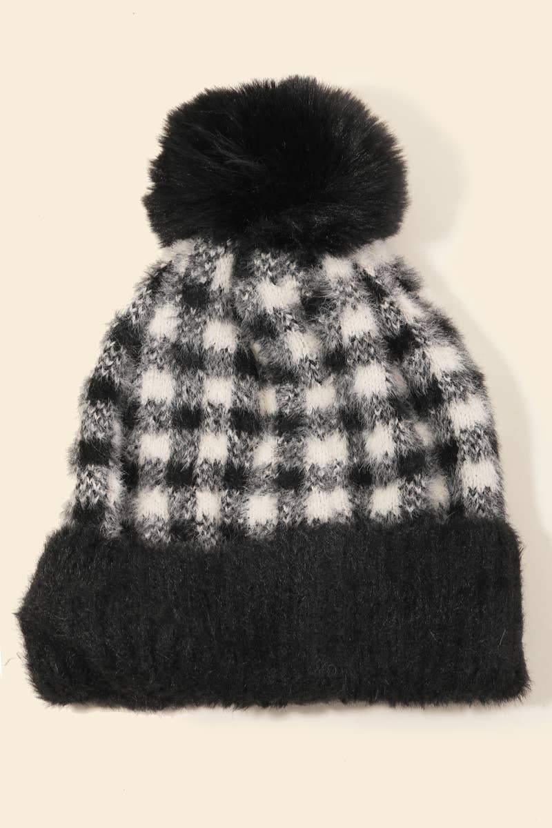 CLEARANCE FINAL SALE Fuzzy Pompom Plaid Beanie Fuzzy in Rust