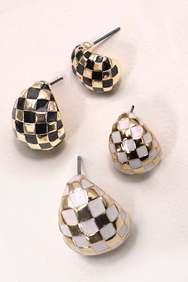 Checker Half Moon Earrings in White