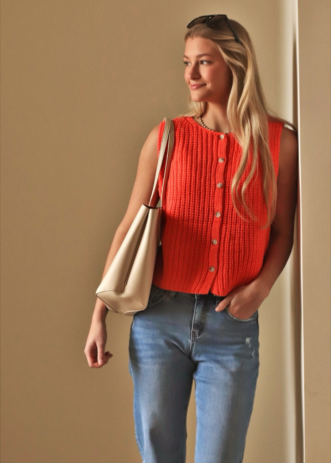 Papaya Button Up Sweater Tank