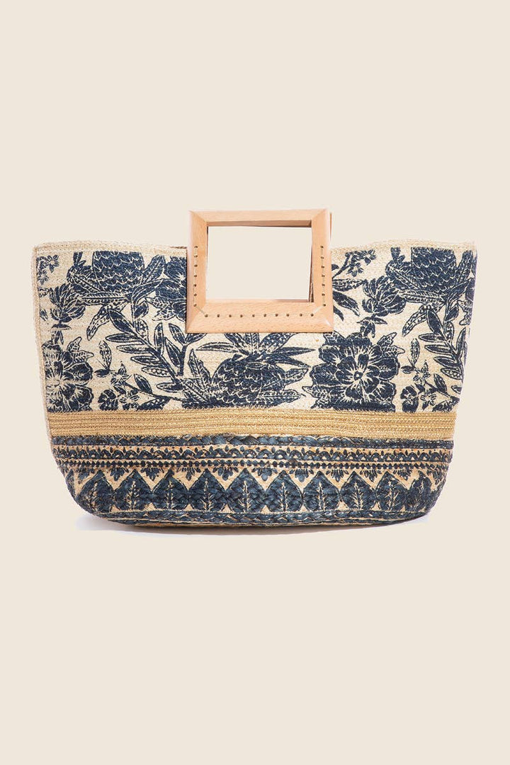 Floral Print Wooden Square Handle Tote Bag