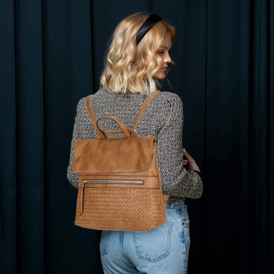 Helena Woven Flap Backpack in Light Stone