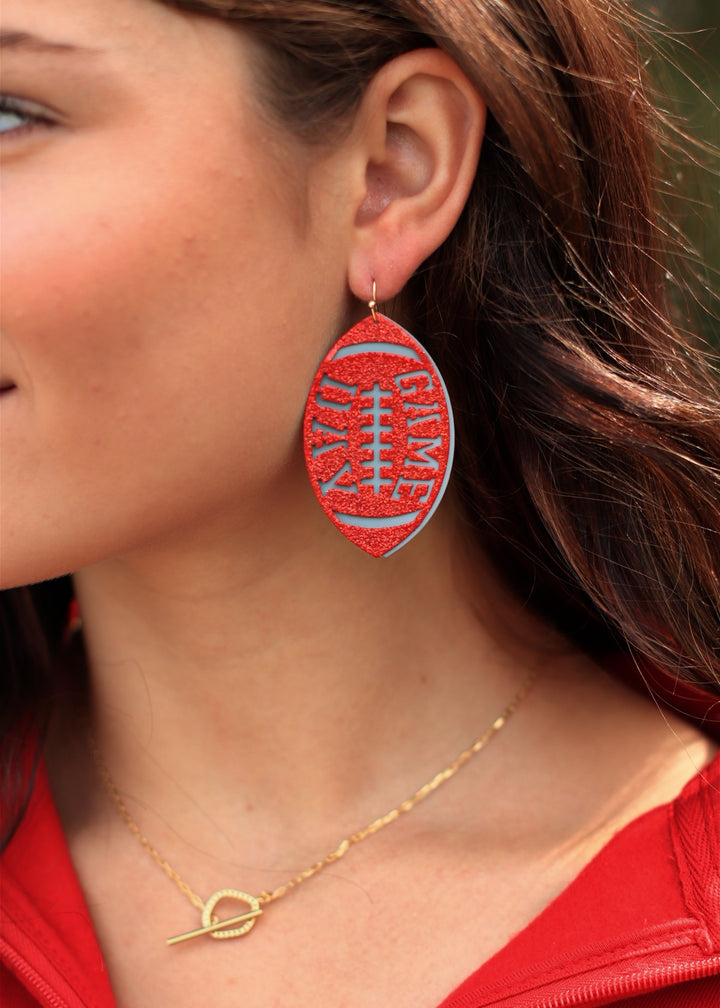 Grey Metal and Maroon Glitter Gameday Football 2" Earrings