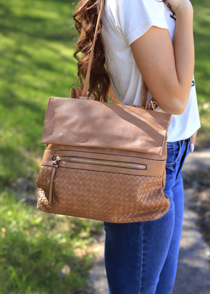 Helena Woven Flap Backpack in Camel