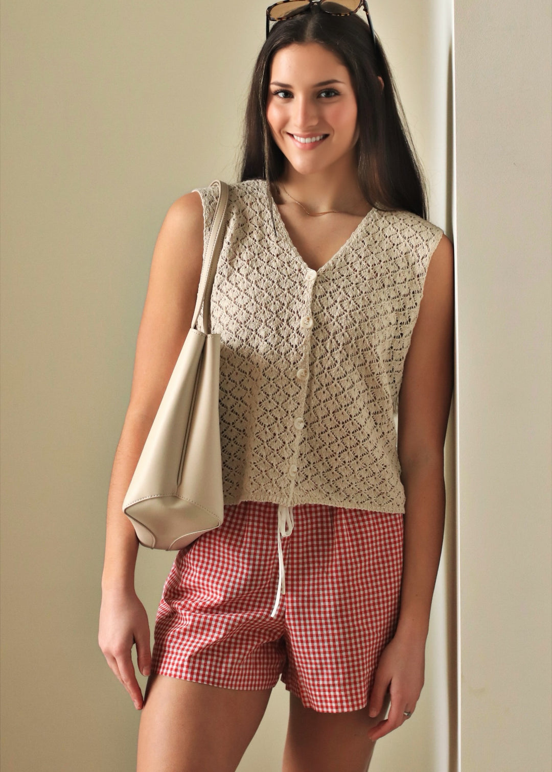 Marian Crochet Button-Up Vest in Shell