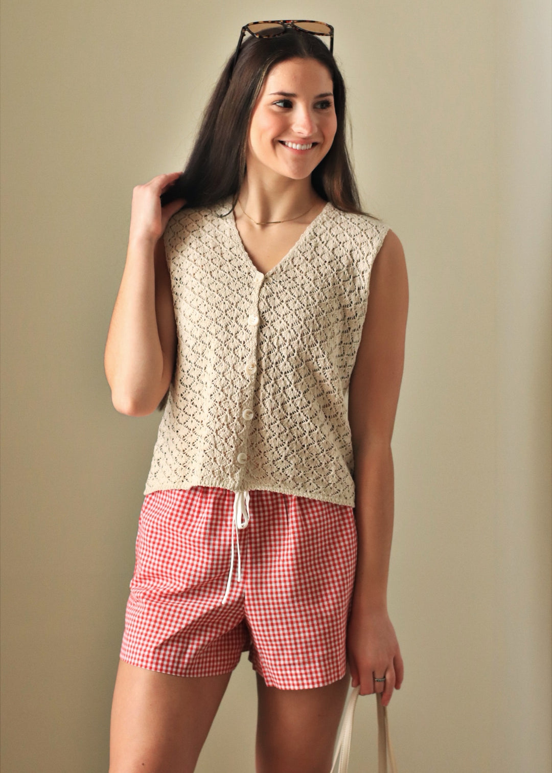 Marian Crochet Button-Up Vest in Shell