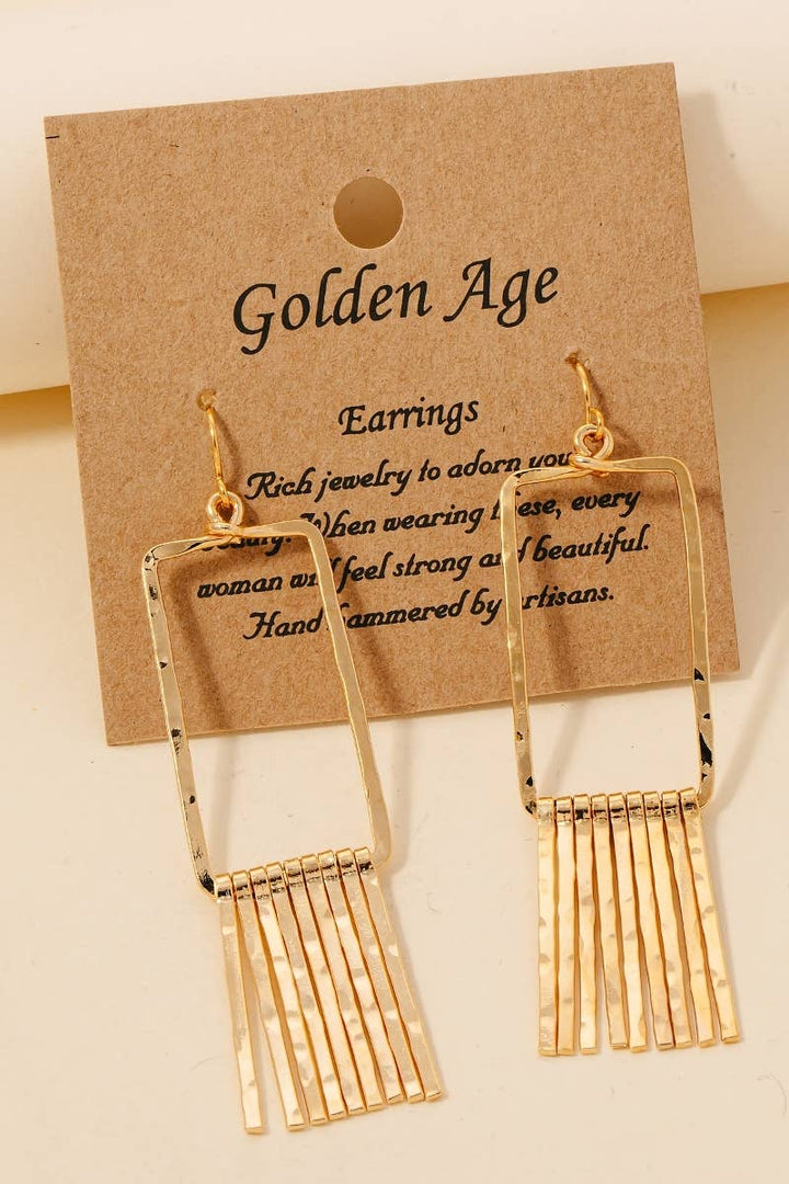 Hammered Rectangle Bar Fringe Dangle Earrings