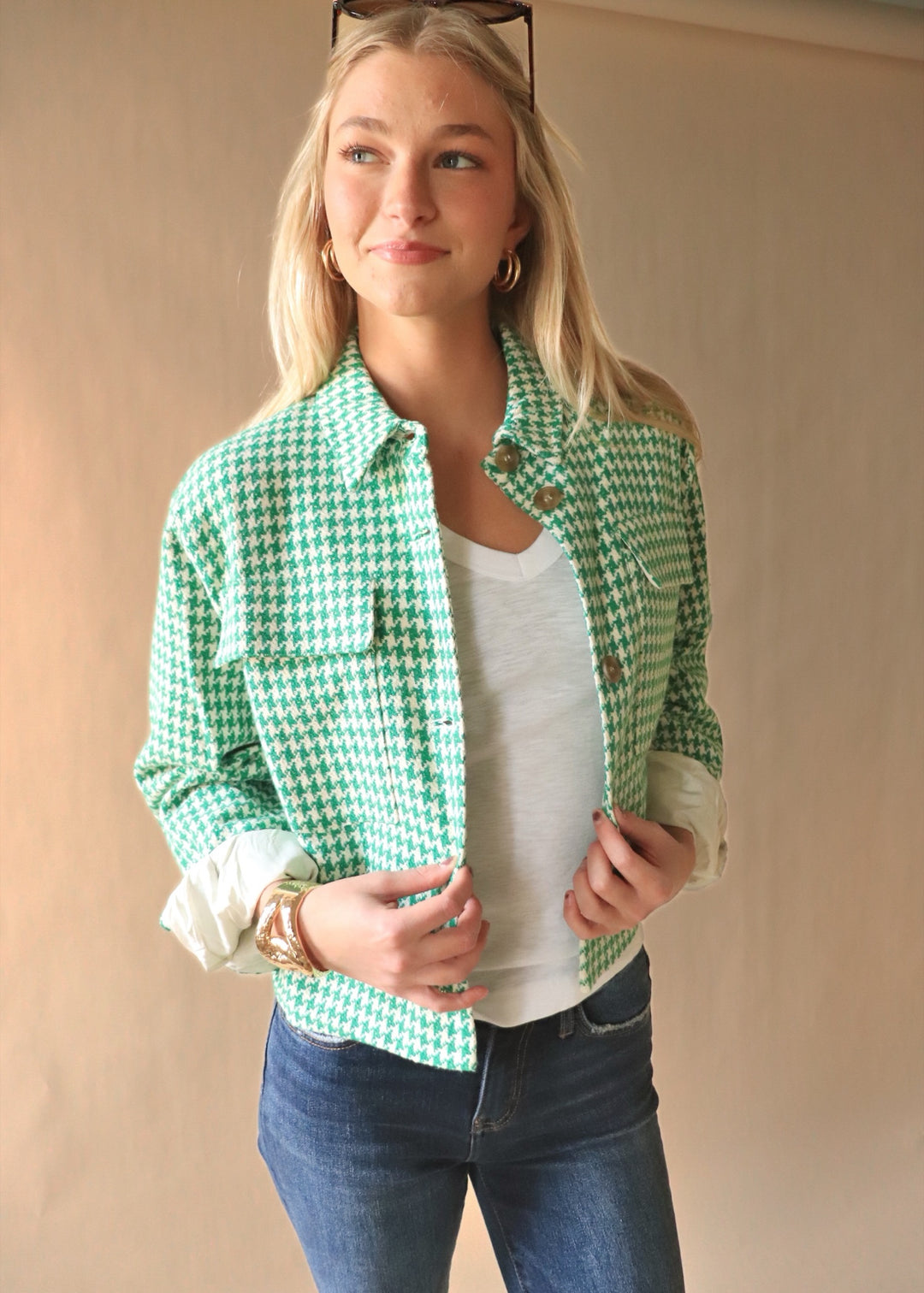 RESTOCKED Houndstooth Tweed Button-Up Jacket