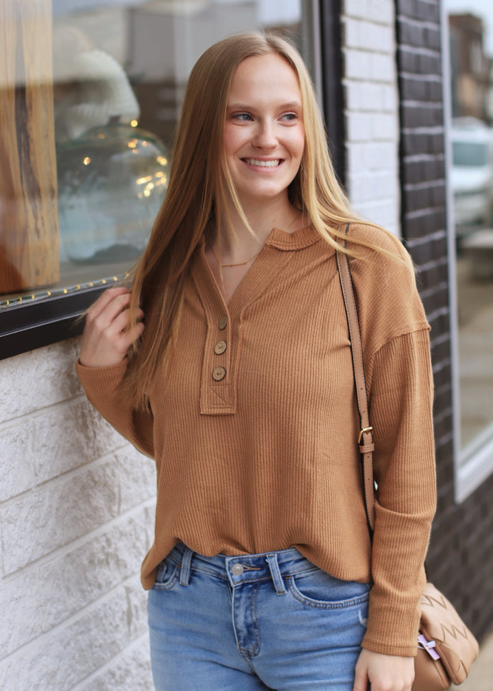 Lumen Half Button V Neck Top in Almond