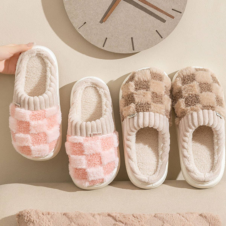 DOORBUSTER CHECKERED FUZZY WARMIES SLIPPERS