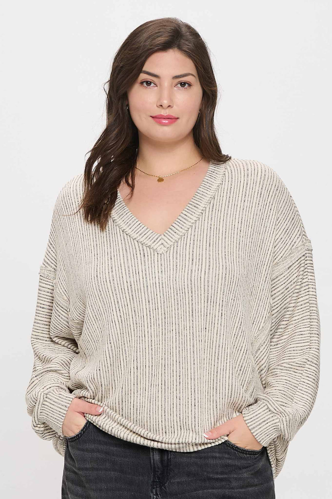 CLEARANCE FINAL SALE Kit Plus Striped Drop Shoulder V Neck Knit Top