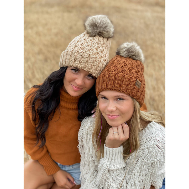 Brick Solid Lattice Stitch Fur Pom CC Beanie