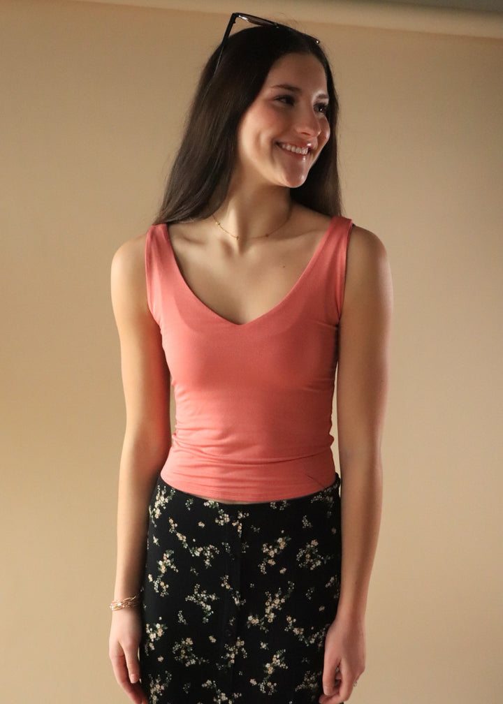 Basic V-Neck Tank in Coral