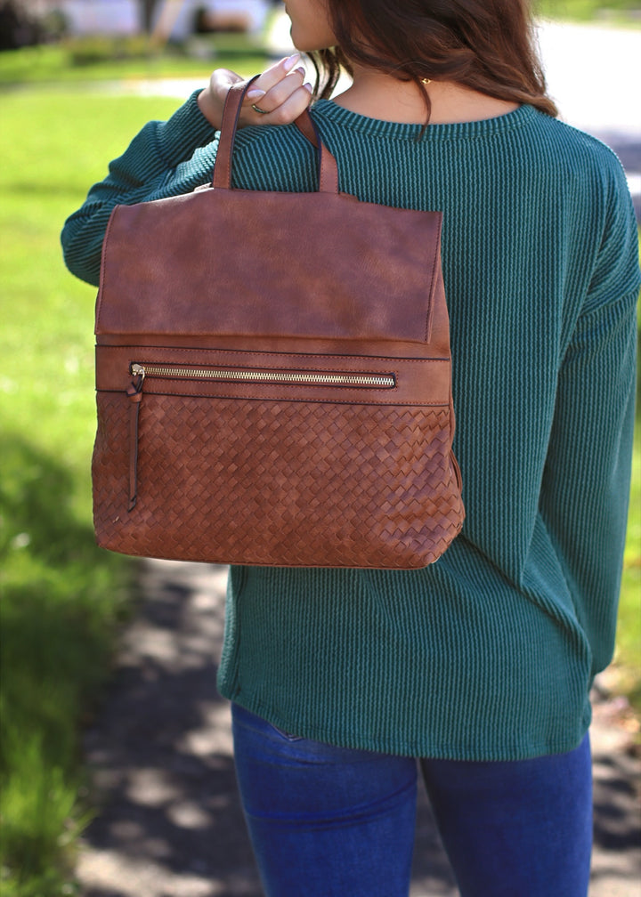 Helena Woven Flap Backpack in Brown