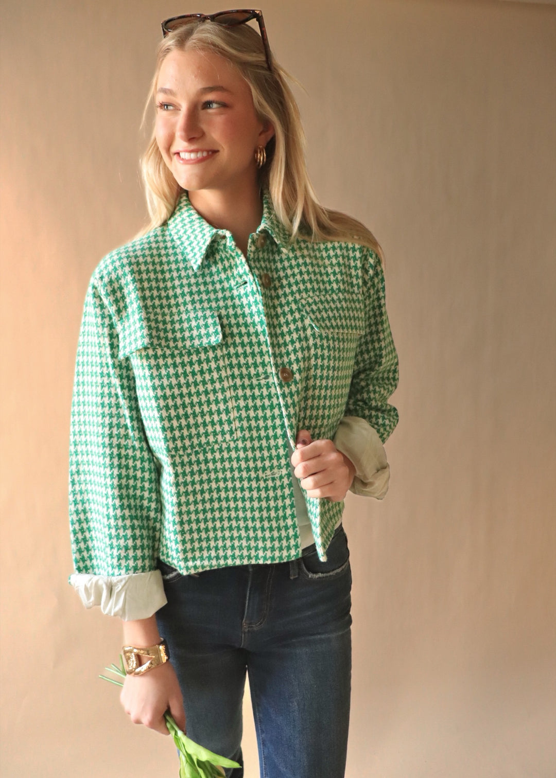 RESTOCKED Houndstooth Tweed Button-Up Jacket