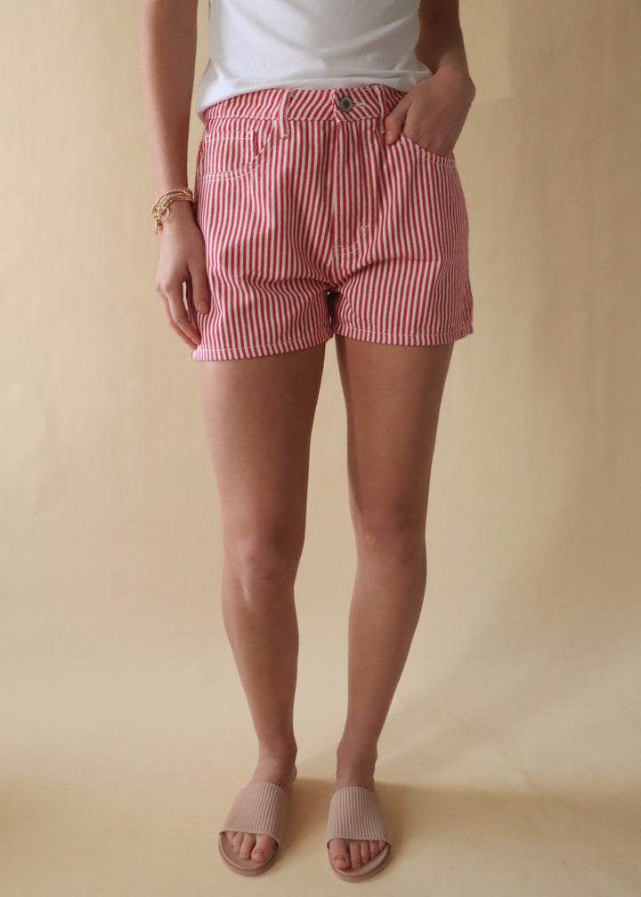 Striped Denim Shorts in Red/White