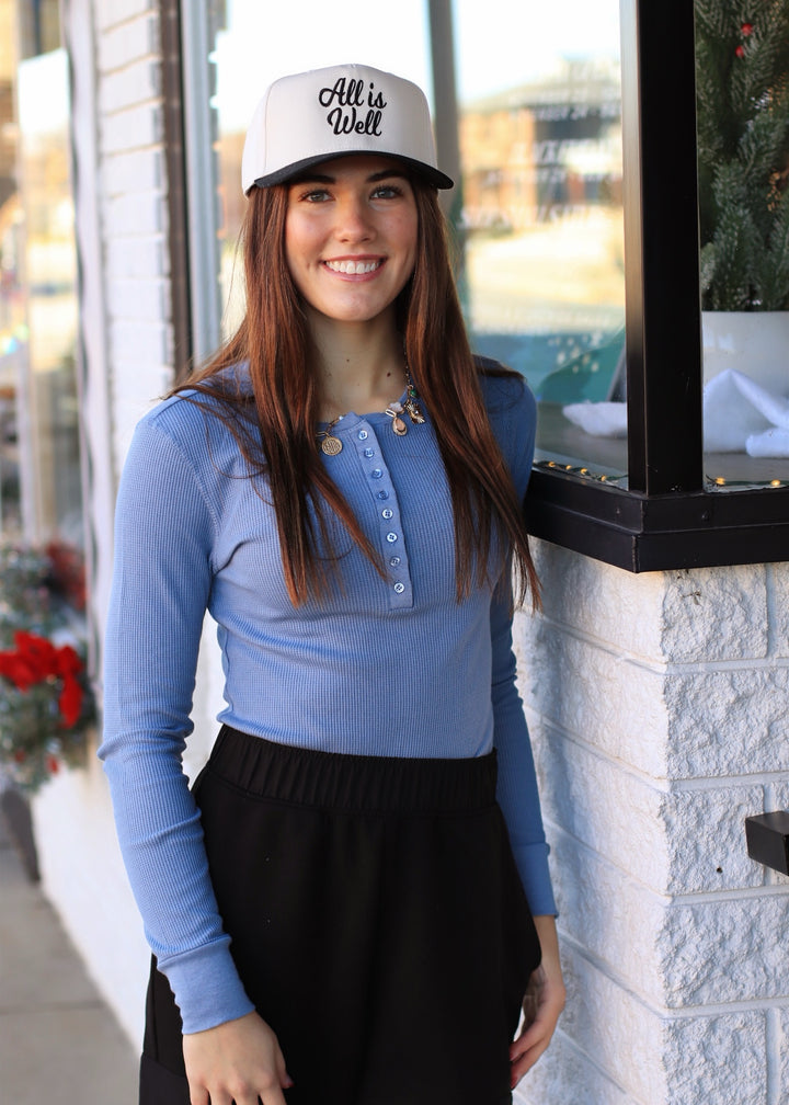 Henley Top - Long Sleeve Thermal Dusty Blue