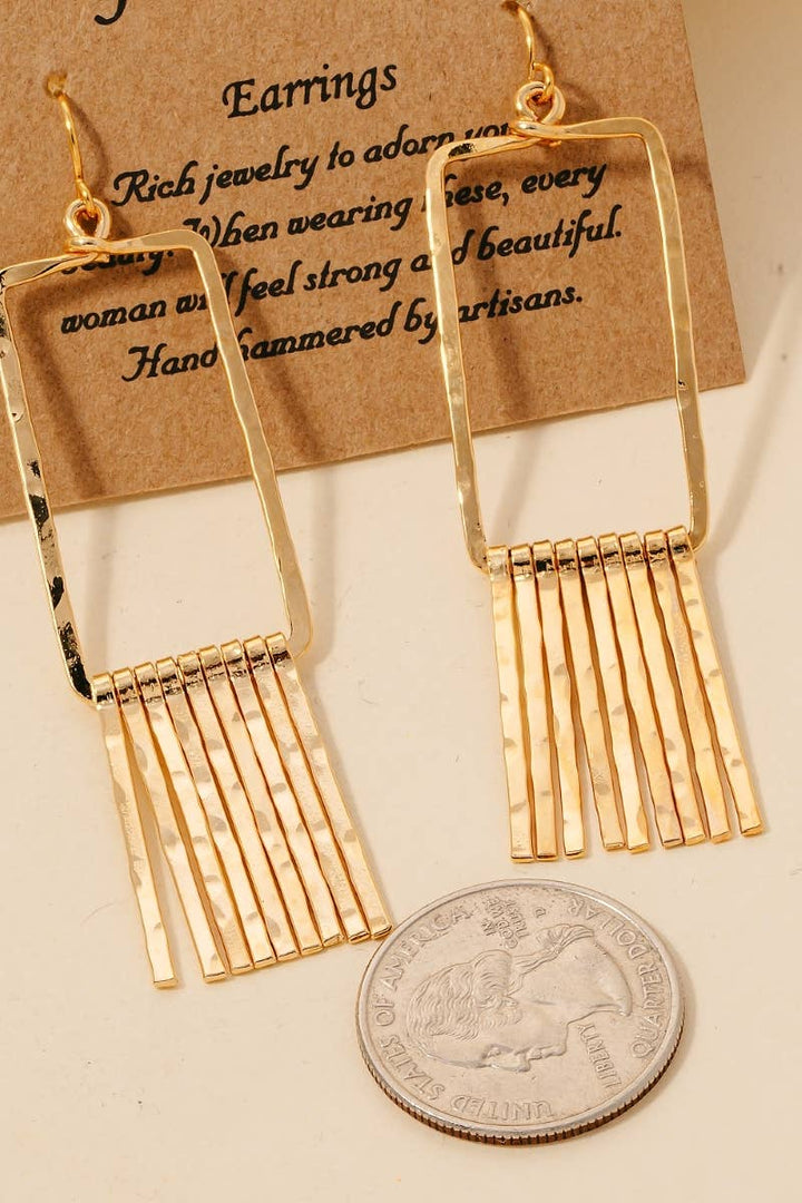 Hammered Rectangle Bar Fringe Dangle Earrings