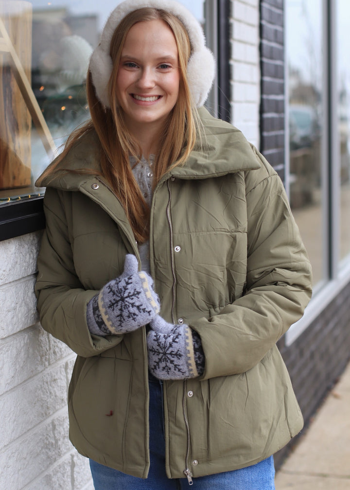 Elastic Waist Zip Up Puffer Jacket in Lt Olive