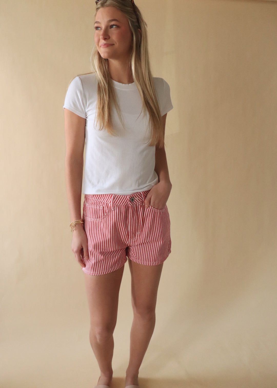 Striped Denim Shorts in Red/White